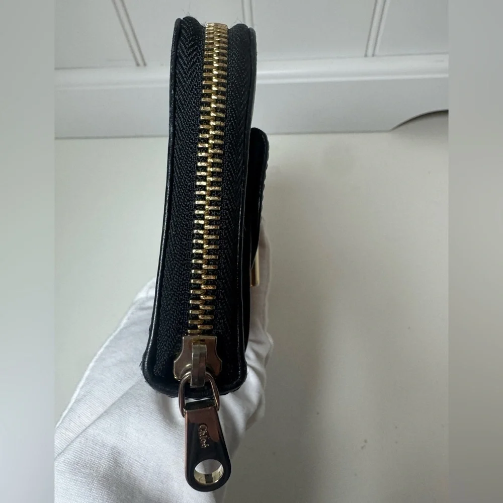 Chloé Continental Long Black Zippy Leather Wallet with Gold Tone Hardware